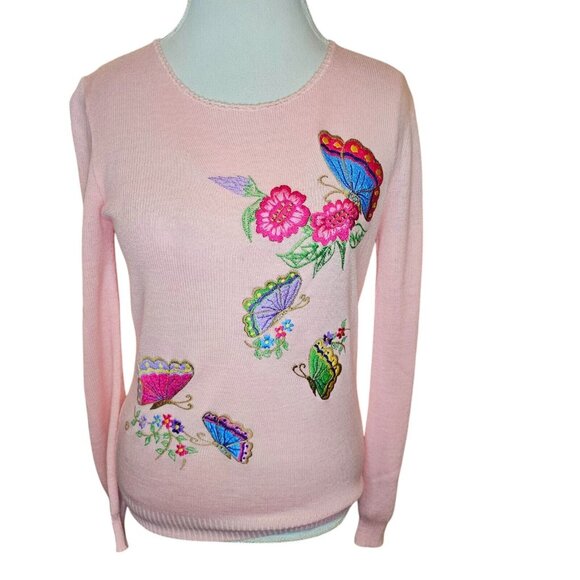 Retro 70s Womens Medium Sweater‎ Pink Embroidered Butterflies Flowers - Picture 1 of 9